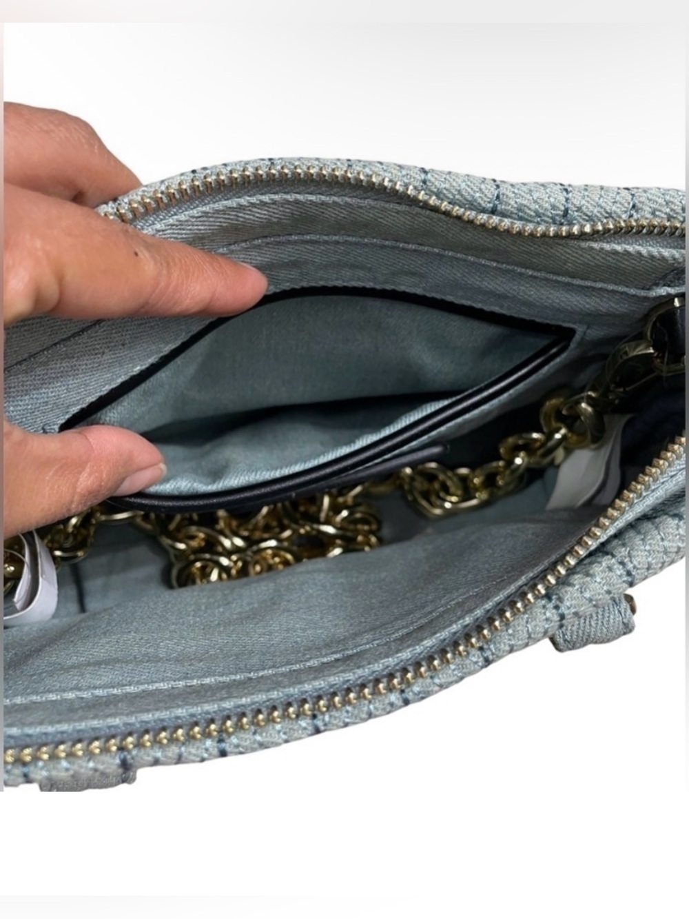 ZARA Light Blue Small Satchel Top Handle Zip Bag Gold Hardware Detachable Strap - Picture 8 of 12